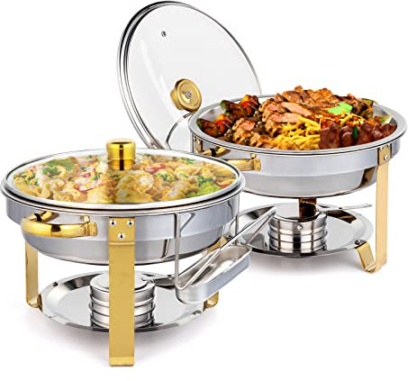 ROVSUN Set di 2 scaldavivande da buffet con accenti dorati, NSF rotondi in acciaio inox, scaldavivande e scaldavivande con coperchio in vetro e supporto per coperchio, per catering, eventi, feste