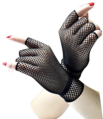 SYSUII Kurz Netzhandschuhe für Damen,1 Paar Fingerlose Fischnetz Handschuhe Netz Mesh Abendhandschuhe für 80er Jahre Verkleidung Kostüm Party Lieferungen Halloween Cosplay Zubehör -Schwarz,22 * 12cm