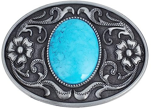 GORGECRAFT Türkise Steinknöpfe 90 x 66 mm Gürtelschnallen Für Herren Amerikanischer Western Cowboy Indische Elemente Vintage-Türkis-Gürtelschnalle Oval Mit Blume Für Herrengürtel Antik Silber Farbe