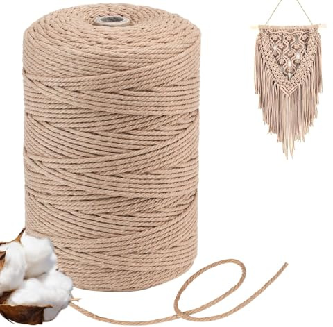 Homewit Filato macramè, 3 mm, 300 m, filato di cotone naturale, macramè, per lavori fai da te, macramè, grigio talpa