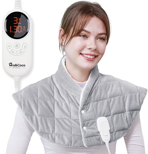 Weighted Electric Heating Pad for Back Pain Relief, Carbon Fiber Fast Heat, Soft Microplush, Heated Neck Shoulder Warmer with 3 Temperature Levels & Auto-Off Timer, Mia&Coco, Grey 57x58 cm