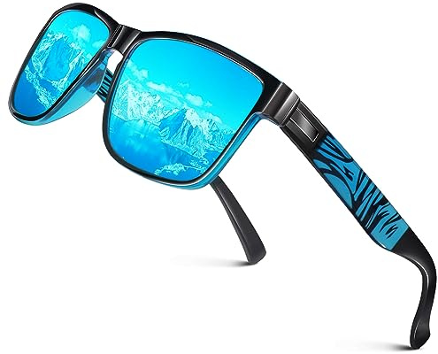 LINVO polariserade solglasögon män kvinnor speglade fashionabla UV400 skydd körning fiske CAT 3 CE, Svart & blå ram | Blå lins, Medium