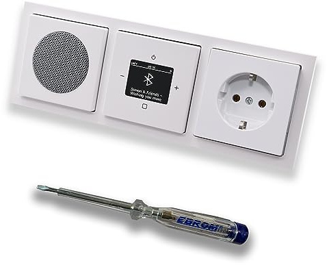 Busch Jäger DAB+ Unterputz Bluetooth Radio 8217U-101 Future Linear Studioweiß, Set mit Lautsprecher, Abdeckungen, Steckdose mit Kinderschutz, Rahmen + EBROM Phasenprüfer zur Montage d. Geräte - 8217U