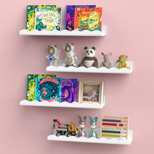 NiHome 4er-Set Wandregale für Kinderzimmer, Weiß Acryl Floating Kinder Bücherregal, 38 cm Multifunktionale Ausstellungsregale für Bücher, Spielzeug, Hängeregal für Baby/Kleinkindzimmer und Wohnzimmer