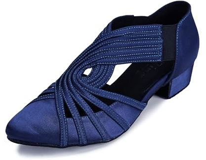 YYTing Women Swing Latin Salsa Ballroom Dance Shoes (Closed Toe, Suede Sole) YT12(7,Dark Blue)