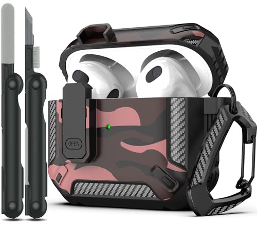 RFUNGUANGO Kompatibel mit AirPods 3 hülle Schutzhülle mit Reinigungsset, militärische Hartschalen-Schutzhülle mit Schloss Kompatibel mit AirPod Gen 3 Ladehülle 2021,Rote Tarnung