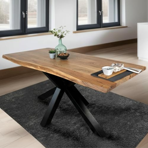 SAM Esstisch Tim 120x80 cm Akazie Natur/Spider-Gestell schwarz | massiv, Echte Baumkante, Akazienholz naturfarben, Baumkantentisch, Esszimmertisch, Spider-Gestell schwarz
