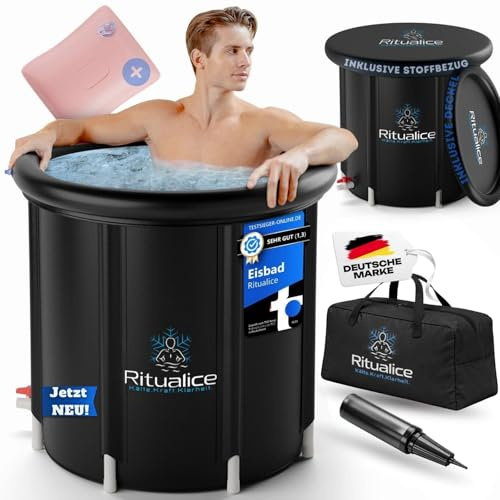Ritualice Eisbad XL 80 cm Komplettset mit Deckel, Stoffbezug & XL-Tasche | Eistonne/Eiswanne für Kryotherapie, Eisbaden & Cold Plunge zuhause, 8 Stützstangen, 5-Schichten-Material