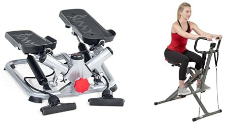 Sunny Health & Fitness Advanced Twist Stepper Machine, Portable Mini Stair Stepper, Resistance Bands + Row-N-Ride™ PRO Squat Assist Trainer, Rowing Machine w/Resistance Bands