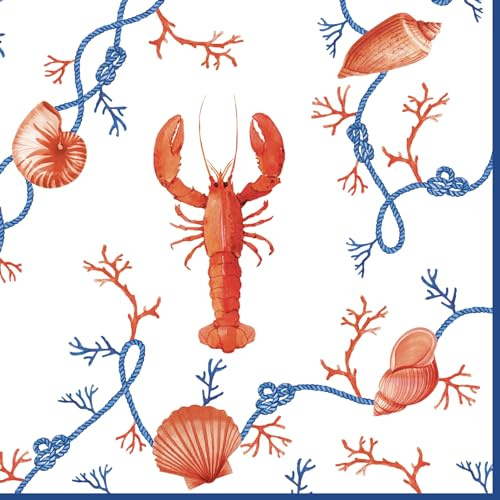 20 Servietten Maritim Hummer mit Muscheln als Tischdeko. Papierservietten mit Motiv. Auch für Decoupage und Serviettentechnik 33x33cm