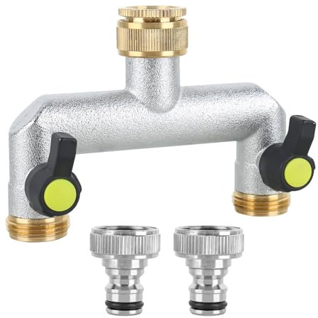 RUCUDIM 2-Wege Wasserhahn Wasserverteiler, 3/4 Schlauch Wasserhahn Adapter, Doppelter Garten Wasseranschluss, Verteiler 3/4 Adapter 1/2 mit Kugelhahn zum Einstellen und Absperren des Wasserflusses