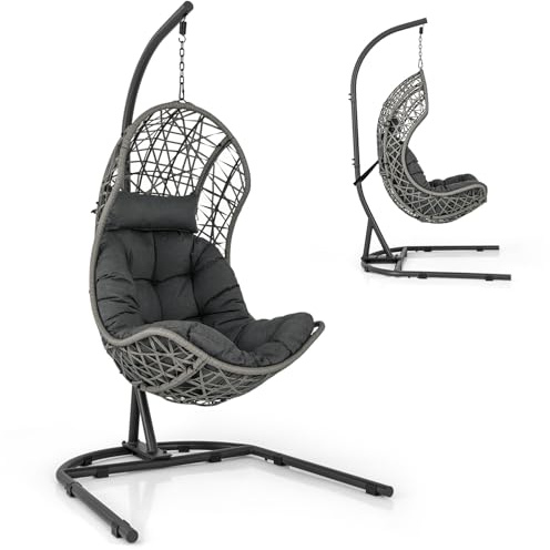 COSTWAY Swing Egg Chair with Stand, Upholstered PE Rattan Wicker Hammock Chair with Soft Cushion and Head Pillow, Heavy-duty Metal Frame Hanging Egg Basket Seat for Garden Patio Yard Living Room