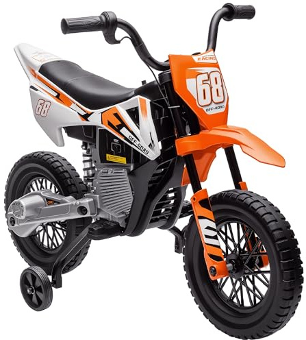 AIYAPLAY Elektrisk motorcykel, 12 V barnmotorcykel med musik, barnfordon med avtagbara träningscyklar, 2,4–5 km/h, för 3–6 år barn, max. 30 kg, orange