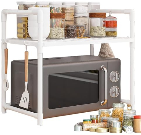 Ancsttu Estante para horno microondas, estante para microondas, estantes de cocina, organizador de encimera, soporte ajustable para microondas con ganchos, estante de almacenamiento de cocina para el