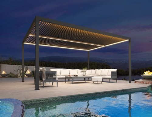PURPLE LEAF Pergola Bioclimatique 4,8 x 3,68 m avec Bande LED, Pergola Jardin Extérieur en Aluminium avec Lames Orientables, Tonnelle de Jardin Exterieur Imperméable pour Terrasse Carport, Gris