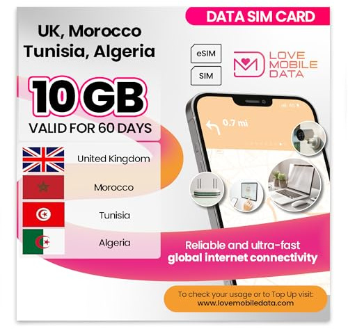 Love Mobile Data Only Sim Card - International Multi-Network 4G/5G Prepaid Pay As You Go Data Sim for Mobile Phones, WiFi Routers & More, UK, Algeria, Morocco & Tunisia - 10GB for 60 Days