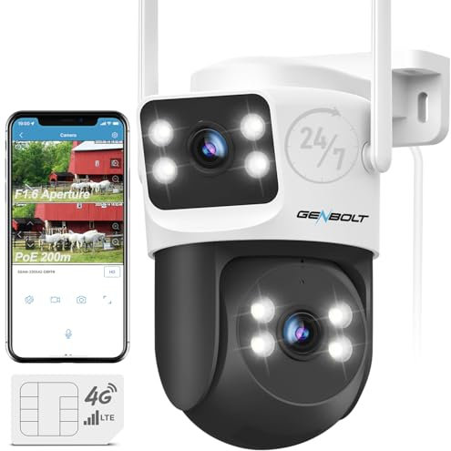 GENBOLT 3G/4G LTE Security Camera Outdoor No WiFi, Dual Lens PoE Surveillance Camera CCTV with Sim Card Cellular, 24/7 Recording Plug in Wired IP Cam with Auto Tracking Human Detection