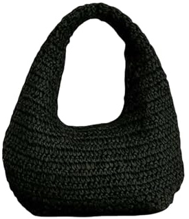 EIDIRGHB Strohtaschen Damen Shopper Stroh Tote Handtasche Strand Hand-gewebte Clutch Geldbörse Halbmond Unterarm Taschen Handgelenk Kreis Umhängetasche Wolke Sommer Seaside Pack-schwarz