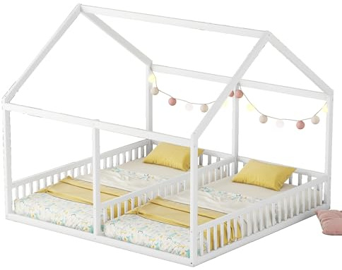 Goldicoo Montessori Cama doble 90 x 200 para 2 niños – Cuna con protección anticaída y somier