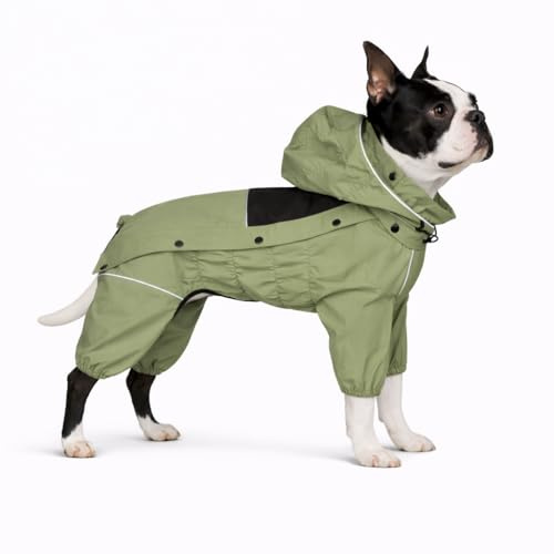 LOVELONGLONG Waterproof Dog Raincoat with Removable Hood – Outdoor Full Body Dog Jacket, Windproof Snowproof Shell Suit – All Season Pet Rain Gear Sage Green L