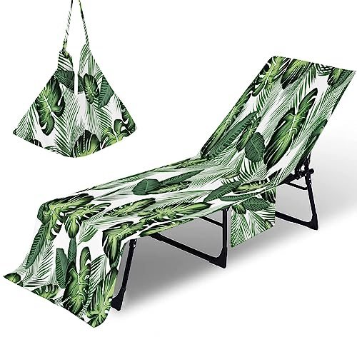 Treer Microfiber Beach Chair Cover Towel, 3D Tropical Plants Beach Sunbed Towels, Portable Sun Lounger Cover with Pockets, Slipcovers for Garden Vacation (Dark Green White,210x75cm)