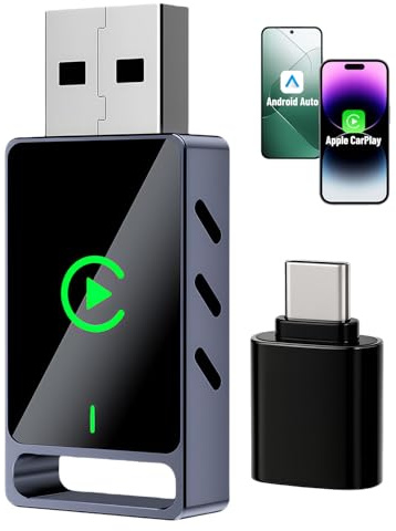 Swiftctrl Adaptador Inalámbrico 2-en-1 CarPlay & Android Auto – USB Dongle con Panel de Vidrio y Cuerpo Metálico, Compatible Desde 2017, Apto para Llaveros – Convierte Cable en Wireless