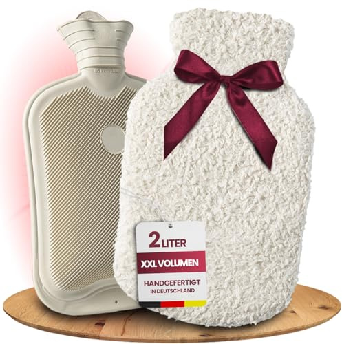 Kuschel Wärmflasche Made in Germany mit Bezug aus extra weicher Bio-Baumwolle - Teddy Wärmflasche Hot Water Bottle lange warm zur Schmerzlinderung - easy and green® (2 L)