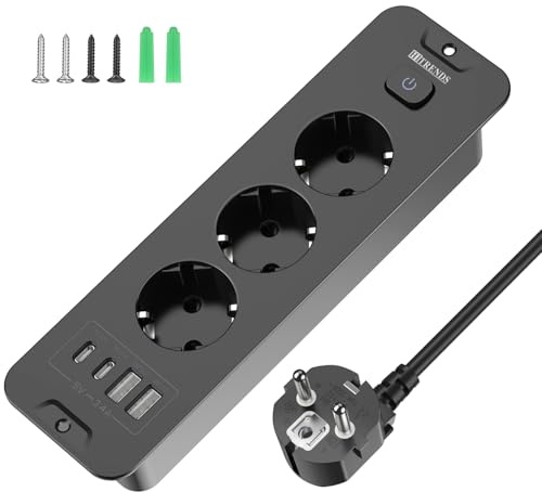 Versenkbare Steckdose mit USB, 3 Fach Einbausteckdose mit 2 USB, Tischplatte Versenkte Steckdose mit 2 USB C, Einbau Steckdosenleiste mit 2M Kabel für Arbeitsplatte Möbel, Schwarz