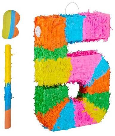 Relaxdays Pinata nummer 5, regnbågspinata födelsedag, HBT: 50,5 x 35,5 x 7,5 cm, partypinata barn, för fyllning, färgglad