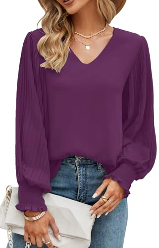 Odosalii Women's Blouses & Shirts V-Neck Chic Long Sleeve Chiffon Solid Top