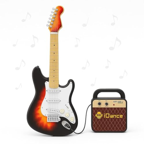 Chitarra elettrica per bambini con altoparlante, 4 modalità di chitarra, 8 pulsanti per tastiera e 56 loop, batteria ricaricabile, include corde, cinghia e amplificatore, strumento musicale per