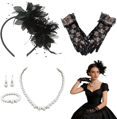CZAYEFNH Fascinator Set Damen Schwarz – 1-teiliges Haarreif-Set mit Federblume 13x12cm, Handschuhe 20x9cm, Kette 49cm verstellbar, Armband 19cm, Ohrhänger 4,5x1,3cm – perfekt für Party, Hochzeit, Vin