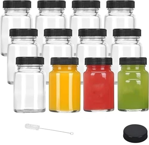 ASOUUNLD Shotflaschen 60 ml 12er Set aus Glas mit Deckel | Mehrweg Glasflaschen inklusive Bürste und Etiketten für Ingwer Shots, Likör, Saft, Dressing, Gewürze und Öl