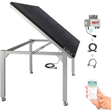 BLACKGLAS Balkonkraftwerk 445Wp Solar Gartentisch VEOvoltPRO mit Rollen, Full Black Solarmodul, 600W Wechselrichter mit App, 5m Kabel, Verstellbarer Winkel, Plug & Play, Vormontiert, Made-in-Germany