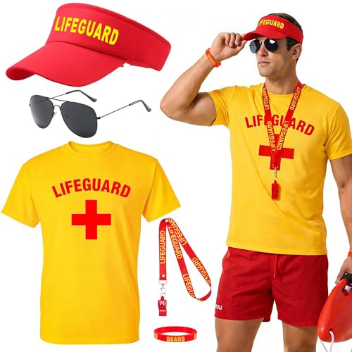 iSharely 5Pcs Lifeguard Costume Accessories Set for Adults | Life Guard Fancy Dress Includes T-Shirt Sunglasses Hat Whistle Wristband for Men Women Pool Beach Party Halloween Cosplay