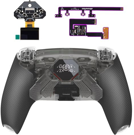 eXtremeRate SPARK Remap Kit per ps5 Controller BDM-030 040 050 060, Display OLED +Clicky Trigger Stop +Grip Ergonomici, 4 Tasti Posteriori Rimappabili Accessori per ps5 Joystick, Trasparente Nero&Nero