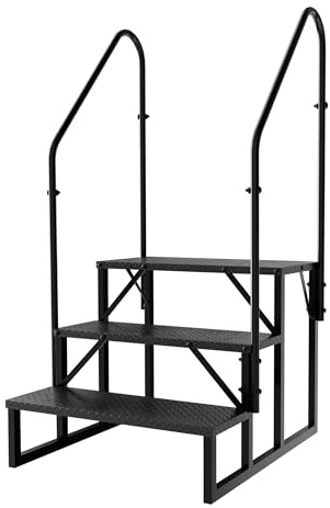 Step Ladder RV Stairs with 2 Handrails, Heavy Duty Carbon Steel Non-Slip Steps, 660 LBS Capacity for Camper, Trailer, Hot Tub, Mobile Home, Porch (3 Step)
