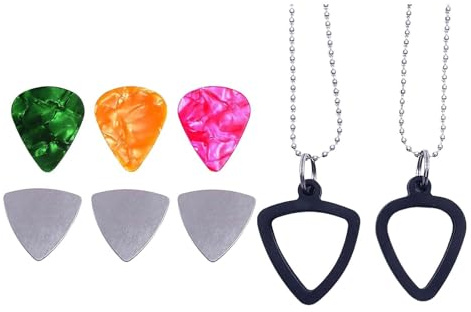 QUXVUIS Elegante Plektrum Halskette mit robusten Ketten und drei Plektren zur praktischen Aufbewahrung. Gitarrenplektrum Anhänger für Akustikgitarren, 3 farbenfrohe Zelluloid