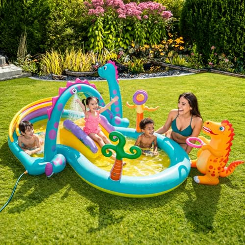 Dinosaur Kids Inflatable Water Play Pool with Slide & Splash Features