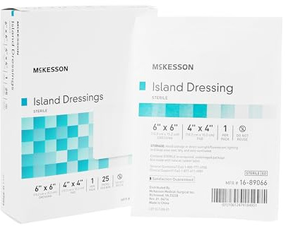 McKesson Island Dressings, Sterile, Dimension 6 in x 6 in, Pad 4 in x 4 in, 25 Count, 4 Packs, 100 Total
