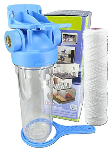 FILTROTECH Vorfilter 10 Zoll Gartenpumpe, 1 Zoll Messing-Innengewinde | Mit Faserfiltereinsatz 20 Mikron, transparenter Filtertopf, bis 5.000 l/h, inkl. Filterschlüssel und Wandhalterung