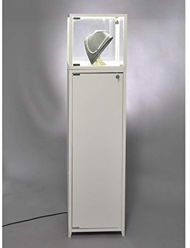 Haubenvitrine T 42 x B 42 x H 132,6 cm - kleine Würfel Glasvitrine abschließbar - Aufsatzvitrine mit weißen Sockel mit Staufach - Standvitrine LED-Beleuchtung
