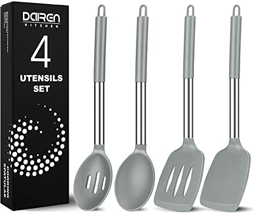 Silicone Cooking Spatulas and Spoons, Stainless Steel Kitchen Utensils Set | BPA Free, Non-stick Heat Resistant Turner for Baking, Fried, Stir-Fry, Serving,4 Pack, Grey