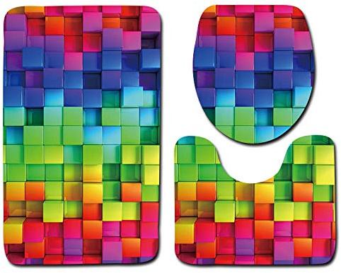 Badezimmer Vorleger 3-teiliges Buntes Mosaik WC Vorleger ohne Ausschnitt rutschfest für Hänge-WC Badezimmer Waschbar Dusch Matte Teppich Waschbar