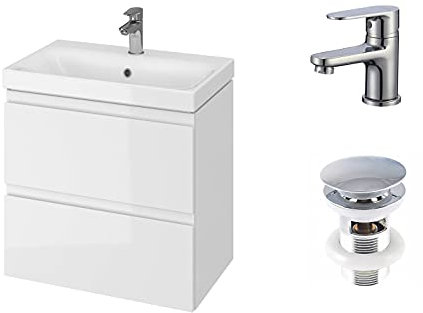 VBChome Badmöbel 60 cm Slim Weiß mit Armatur und Pop-up ventil Waschbecken mit Unterschrank Waschtisch 2-Schubladen Click-Clack hängeschrank