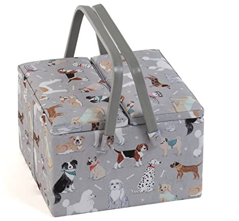 Hobby Gift Esclusiva grande scatola da cucito con due coperchi, scatola portaoggetti artigianale, vassoio per accessori, puntaspilli, manici in PVC, 25 x 25 x 17 cm, cani grigi