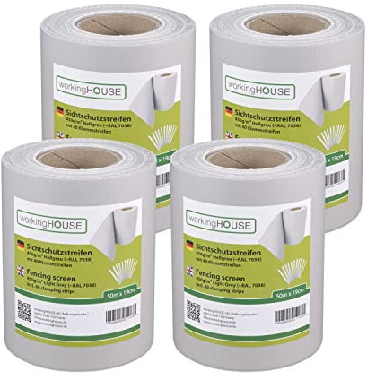 WORKINGHOUSE Sichtschutzstreifen Doppelstabmatten 450g/m² 4x50m Hellgrau | Doppelstabmattenzaun & Zaun Sichtschutz, RAL 7040 – Standard 450g/m², wetterfest, inkl. Clips