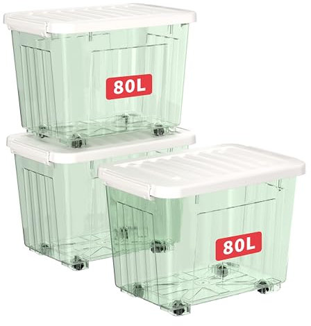 Cetomo 80L*3 Scatole di Stoccaggio con Coperchi, Contenitori in Plastica con Ruote, Clip On, Impilabili, Incastonabili, Organizzatore a Righe per Casa Ufficio, Verde Chiaro, 80L-3 Pezzi