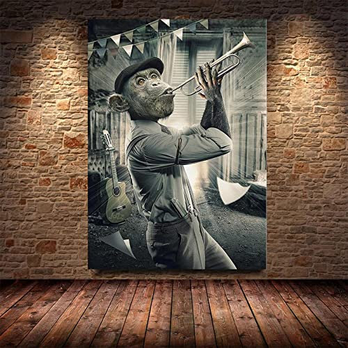 BIEMBI Druck auf Leinwand Smoking Monkey Spielkarten Billardraum Bar Leinwand Gemälde Abstrakte Tierkunst Poster Wohnkultur 80x120cm Rahmenlos