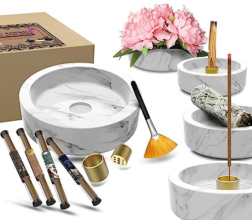 Räucherstäbchen Halter Marmor Mückenspirale Halter - Groß 6-in-1 Multifunktional Räucherstäbchenhalter für Räucherstäbchen Mückenabwehr Palo Santo mit als Geschenk (Weiß Grau)